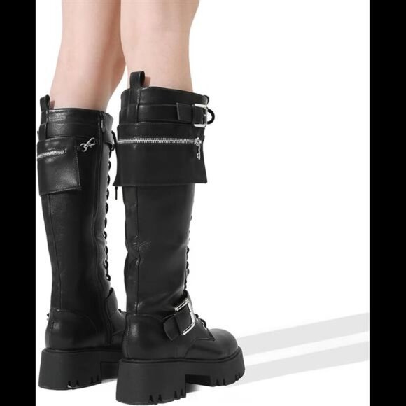 NEW Women's Combat Riding Platform Knee High Boots, Lace Up Fall Lug Sole Gothic - Picture 8 of 9